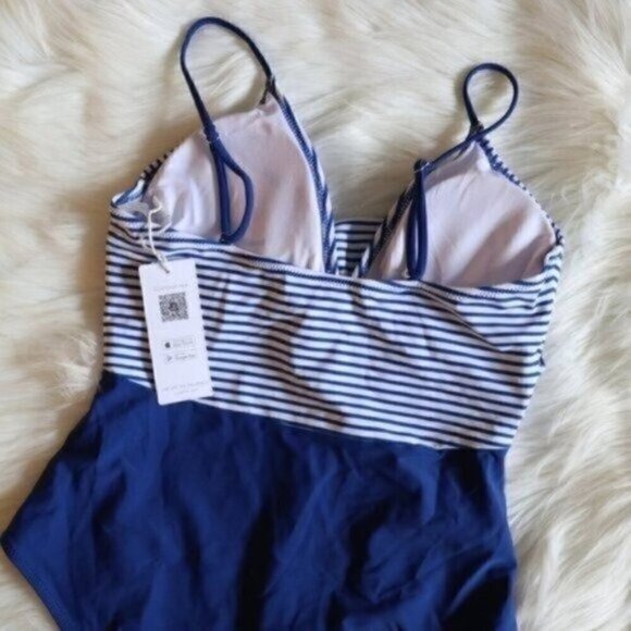 NWT Blue One Piece Bathing Suit Size Medium White Stripe Printed Swimsuit - Picture 6 of 7
